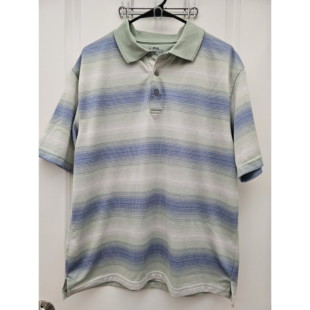 Men's PGA Tour Short Sleeve Striped Golf Polo Shirt Size Large Green & Blue - Picture 1 of 5